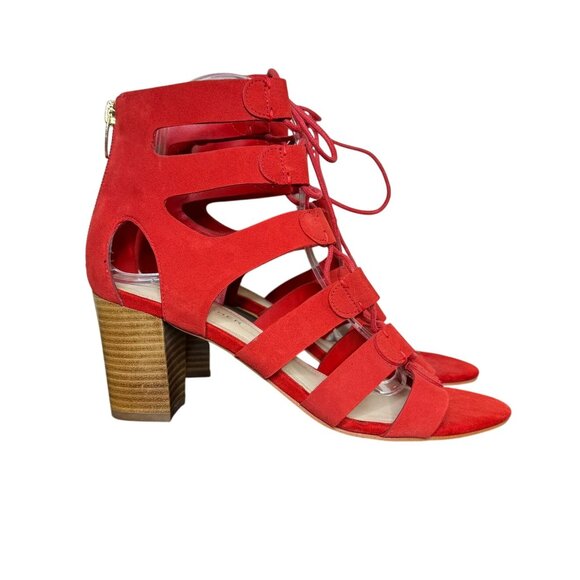 Marc Fisher Red Leather "Paradox" Lace-Up Caged Heeled Sandals, 3" Heel, Size 8M - Picture 2 of 10